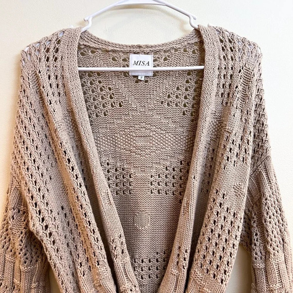 MISA Los Angeles Aztec Fringe Bohemian Tan Tie Waist Knit Cardigan Sweater Small - Picture 6 of 9